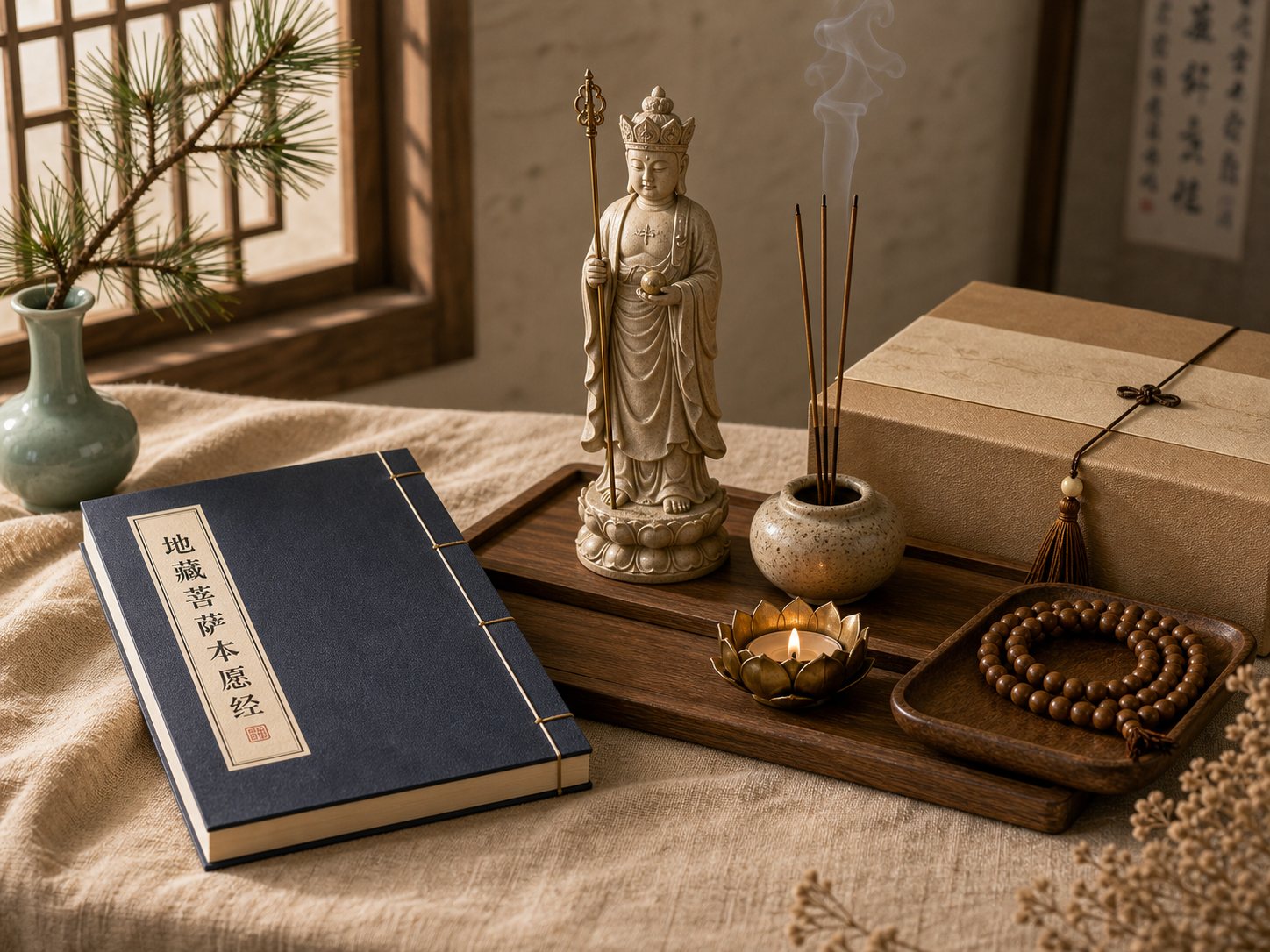 写有地藏菩萨本愿经书名的经书、经典地藏菩萨像、念珠、香品、供灯和礼盒陈列
