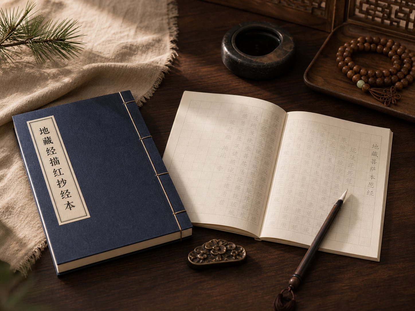 写有地藏经描红抄经本的抄经用品